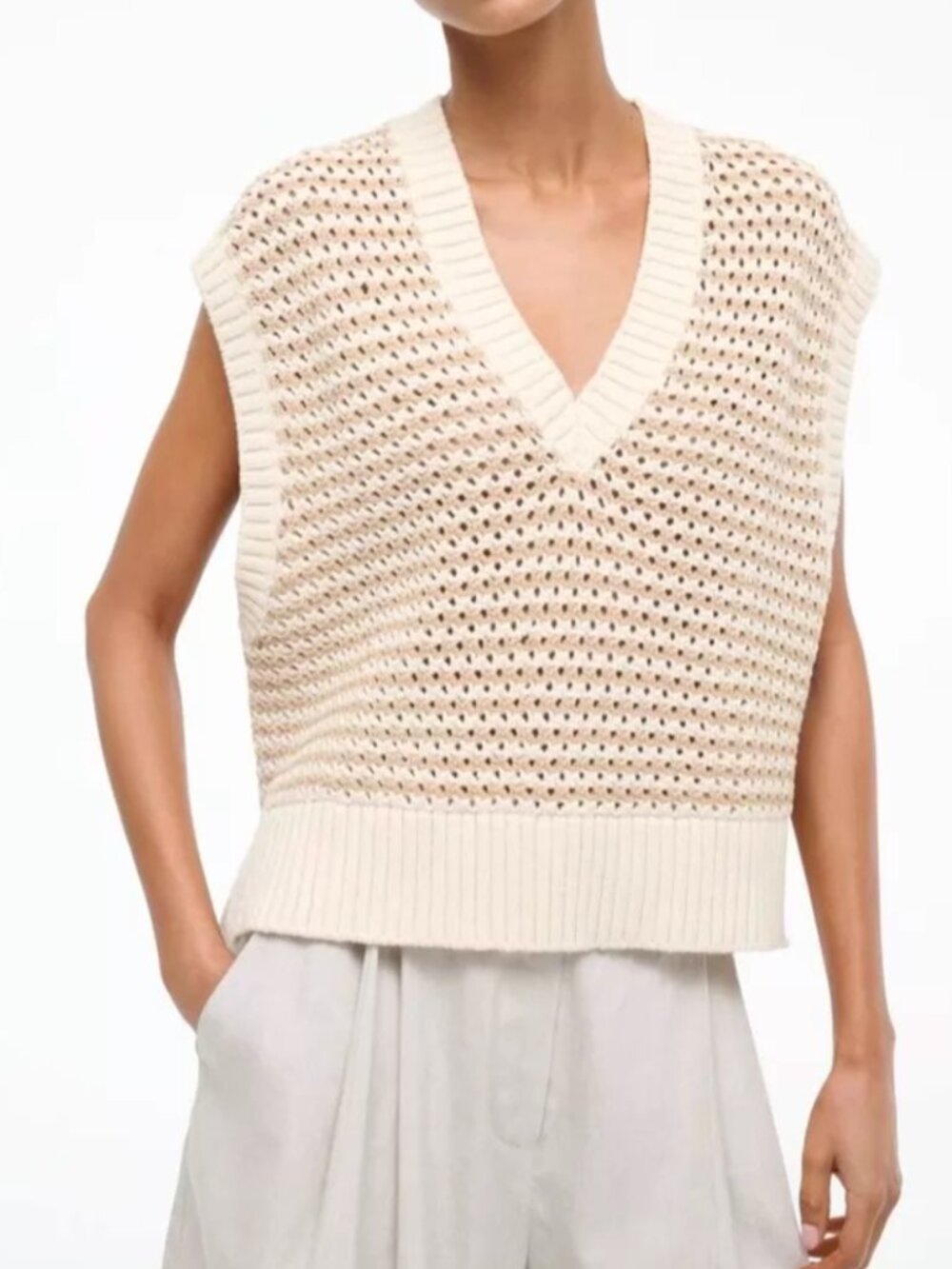 STAUD Americana Striped Crochet Crop Sweater XSmall Breeze Creme